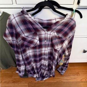 Plaid Button-Up Shirt - Red and White